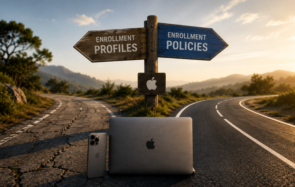 A fork in the road, one is overgrown and full of cracks; the other well groomed and freshly paved. On the street sign in the center of each path, the damaged path is labeled "Enrollment profiles" and the neat is labeled "Enrollment policies"