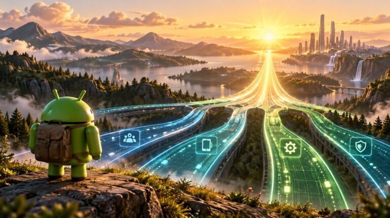 Android robot overlooking illuminated paths representing device enrollment, apps, configuration, and security