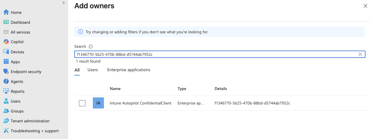 Adding the Intune provisioning client as a group owner