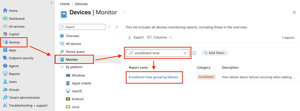Intune report for enrollment time grouping failures